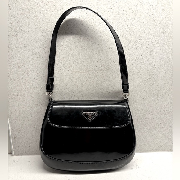 Prada small cleo brushed leather shoulder bag with flap (black) - Picture 1 of 10